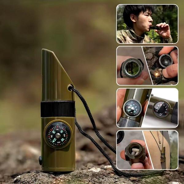 BUFFER® 7si 1arada Acil Durum Düdüğü,El Feneri, Termometre,Pusula,Büyüteç,Depolama Bölmeli Kampçı Düdüğü - Image 1