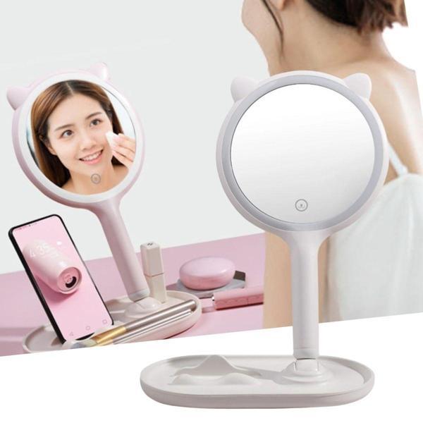BUFFER® Kedi Kulaklı Telefon Standlı Yuvarlak Dokunmatik Led Ayarlı Masa Üstü Makyaj Aynası - Image 1