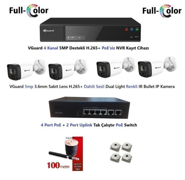 VGuard 5mp Dahili Sesli Ve Gece Renkli 4 Kameralı Tak Çalıştır Hazır IP Kamera Seti Disk Yoktur - Image 1