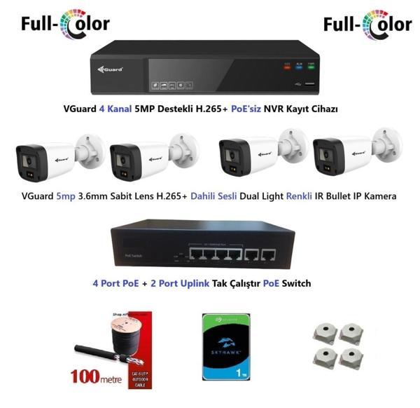 VGuard 5mp Dahili Sesli Ve Gece Renkli 4 Kameralı Tak Çalıştır Hazır IP Kamera Seti 1TB Disk - Image 1