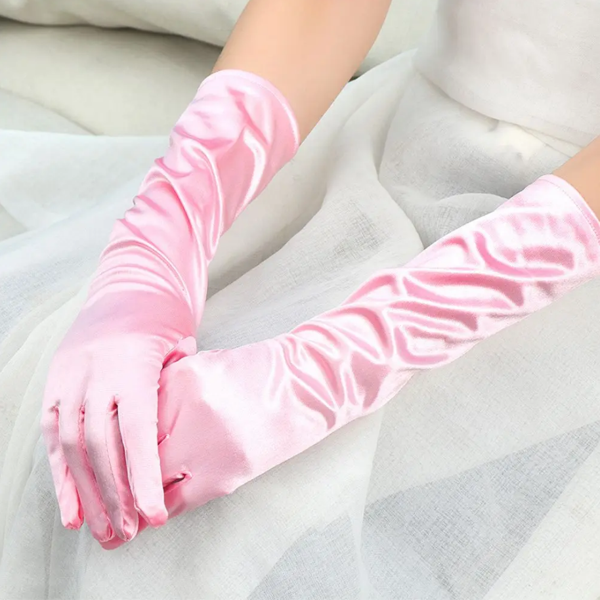 Uzun Boy Ekstra Parlak Saten Eldiven Pembe Renk - Image 1