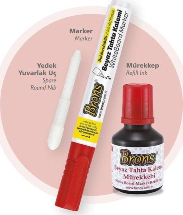 Brons Board Marker Set Kırmızı Kalem + Mürekkep - Image 1