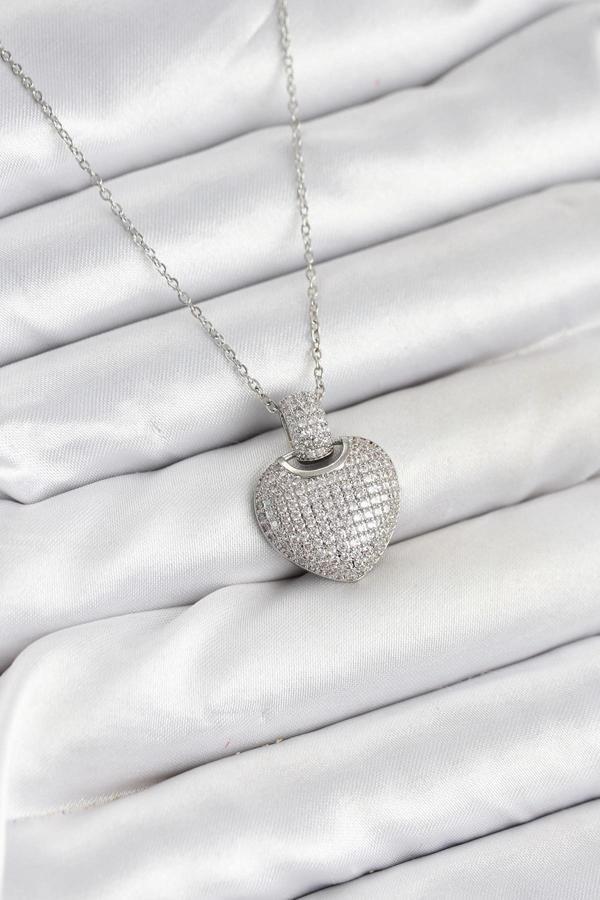 316L Çelik Zincir Gümüş Renk Zirkon Taşlı Kalpli Kadın Kolye - Image 1