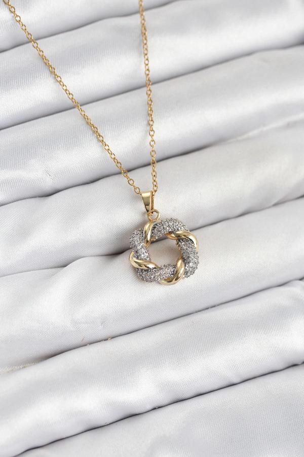 316L Çelik Zincir Gold Renk Zirkon Taşlı Sarmal Model Kadın Kolye - Image 1