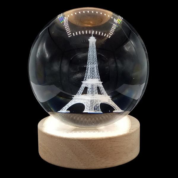 Eyfel Kristal Cam Küre 8cm Led Işıklı Usb Kablolu Ahşap Stantlı Gece Lambası - Image 1