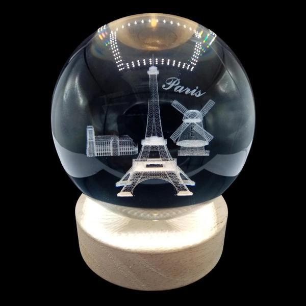 Paris Kristal Cam Küre 8cm Led Işıklı Usb Kablolu Ahşap Stantlı Gece Lambası - Image 1