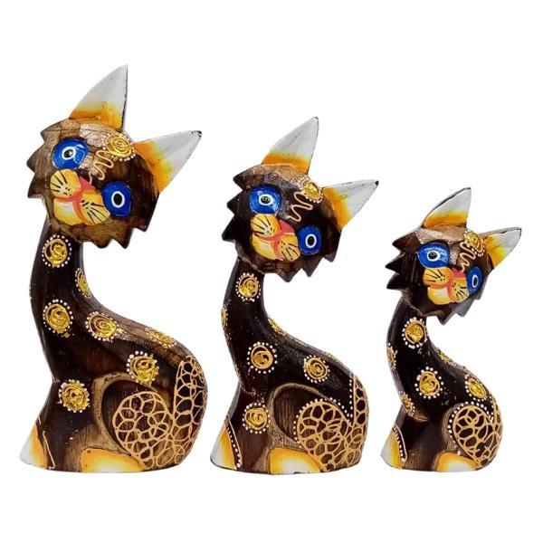 Ahşap Aborjin Üçlü Kedi Dekoratif Biblo No.1 16 cm - Image 1