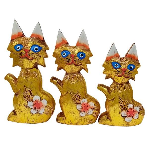 Ahşap Simli Üçlü Kedi Dekoratif Biblo No.2 17 cm - Image 1