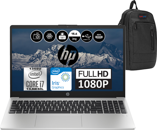 Hp 250 G10 Intel Core I7 1355U 64GB 2TB SSD Intel® Iris® Xᵉ Freedos 15.6" FHD 8A541EAF12 + Çanta - Image 1