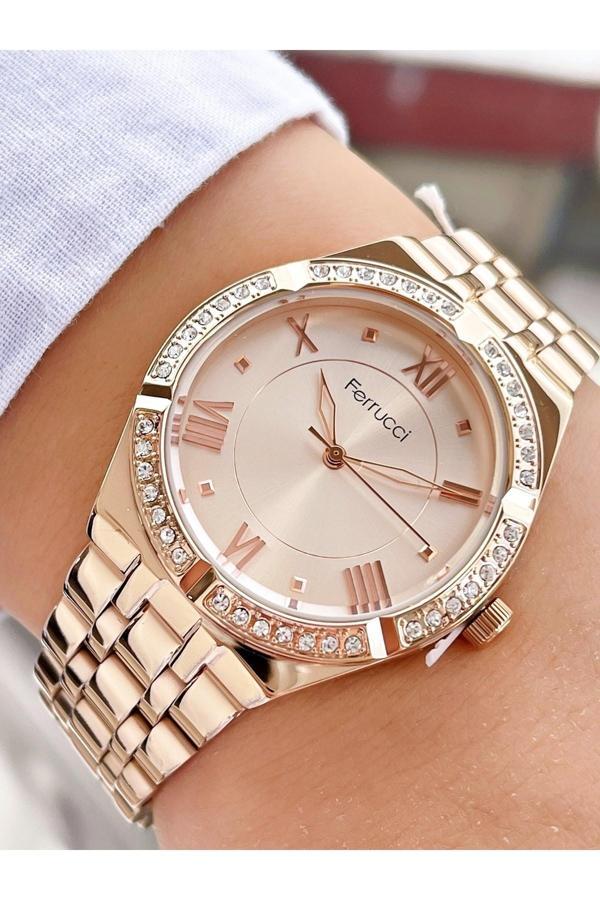 Ferrucci Rose Gold Renk Taşlı Roma Rakamlı Model Kadın Kol Saati - Image 1