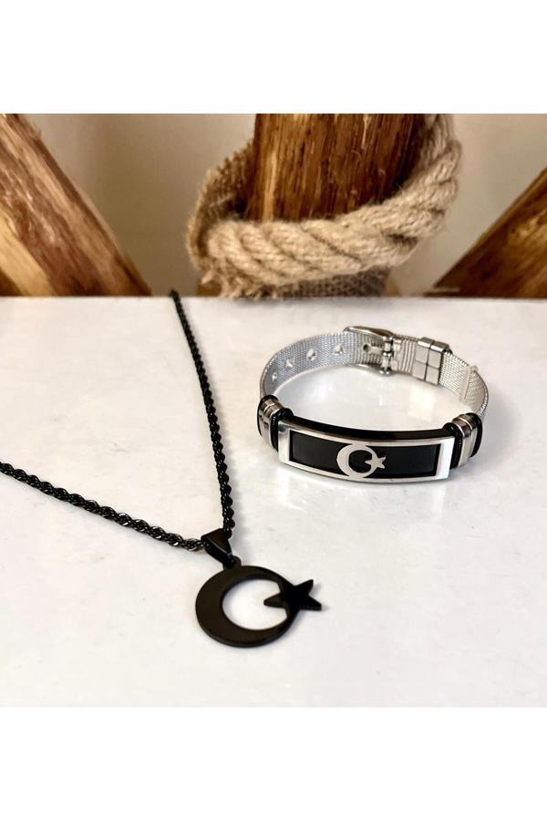 Bay Hediye Ay Yıldız Türk Bayrağı Figürlü Süper Kalite Çelik Kolye&Bileklik Set - Image 1