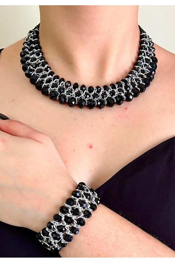 Bay Hediye Kristal Taşlı Türk El Yapımı Gerdanlık Model Kolye Ve Bilezik Set - Image 1