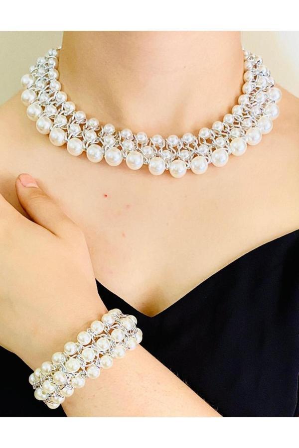 Bay Hediye Kristal Taşlı Türk El Yapımı Gerdanlık Model Kolye Ve Bilezik Set - Image 1