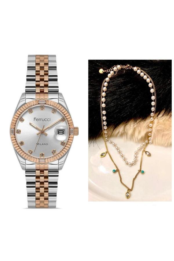 Ferrucci Zirkon Taşlı Takvimli Kadın Kol Saati+%100 Çelik Kolye Hediyeli - Image 1