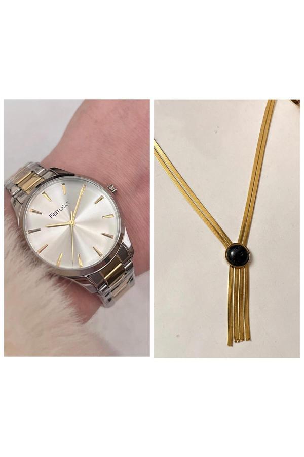 Ferrucci Sade Zarif Model Çelik Kadın Kol Saat+%100 İtalyan Çelik Kolye Hediyeli - Image 1