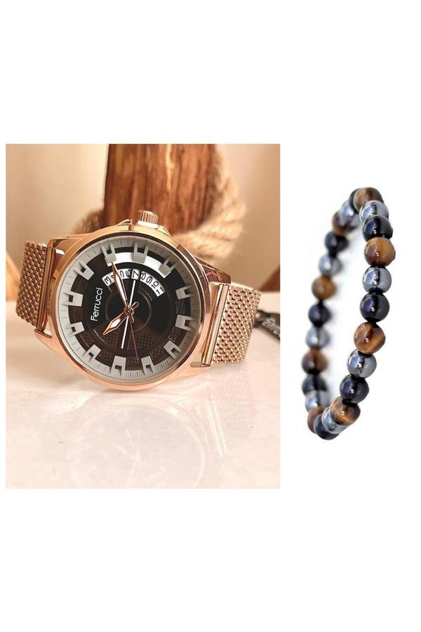 Ferrucci Hasır Çelik Kordon Rose Renk Çoklu Gün Göstergeli Erkek Kol Saati Bileklik - Image 1