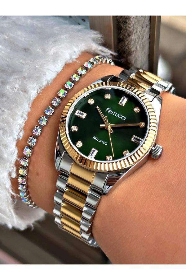 Ferrucci Kadın Kol Saati Su Geçirmez  Gold Gri Çelik , Bileklik Hediyeli - Image 1