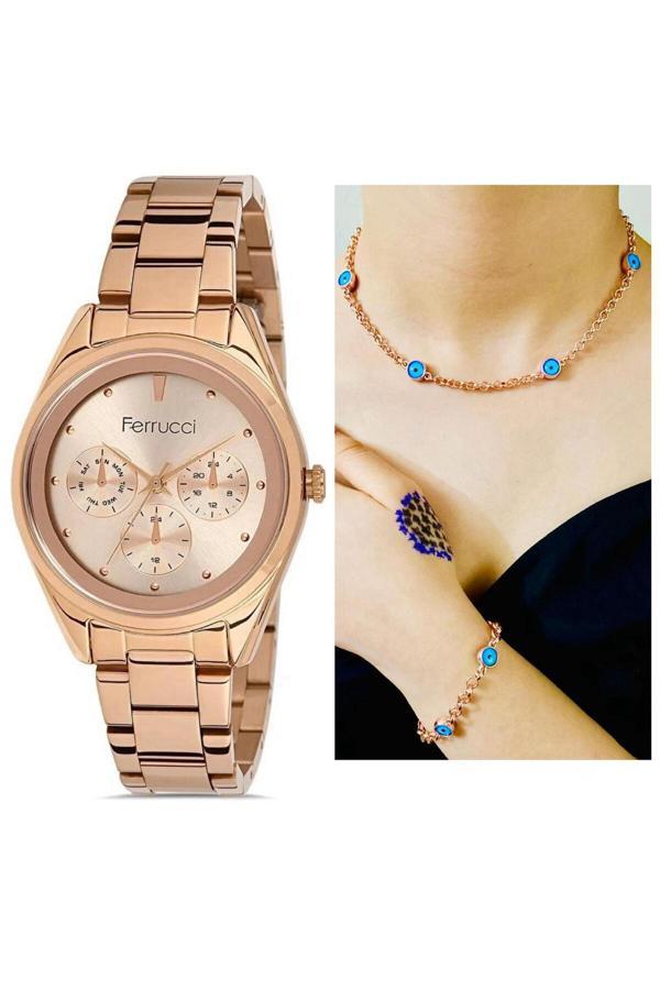 Ferrucci Çelik Su Geçirmez Spor Model Şık Kadın Kol Saat+Nazarlıklı Set Hediye - Image 1