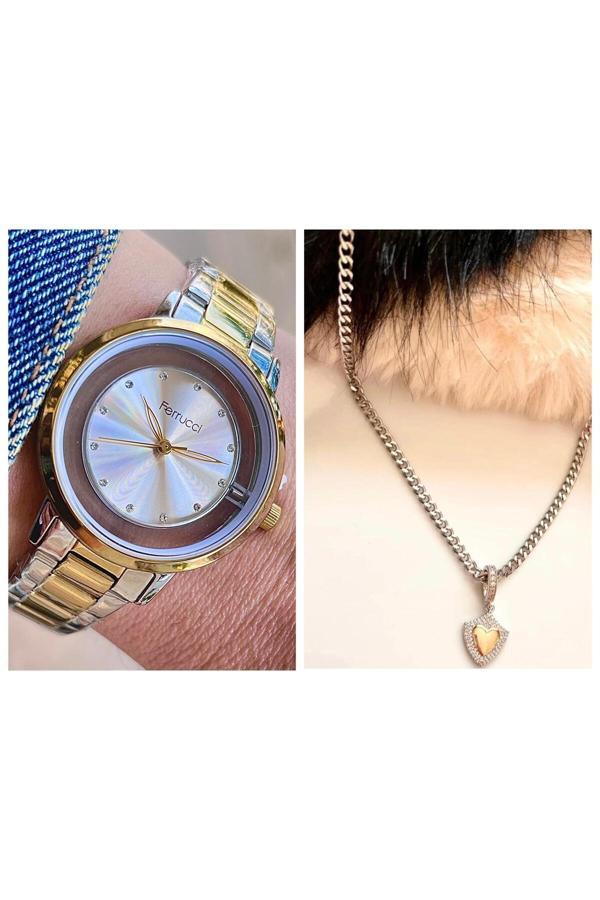 Ferrucci Sade Şık Tasarım Çelik Kadın Kol Saati+%100 Çelik Kolye Hediyeli - Image 1