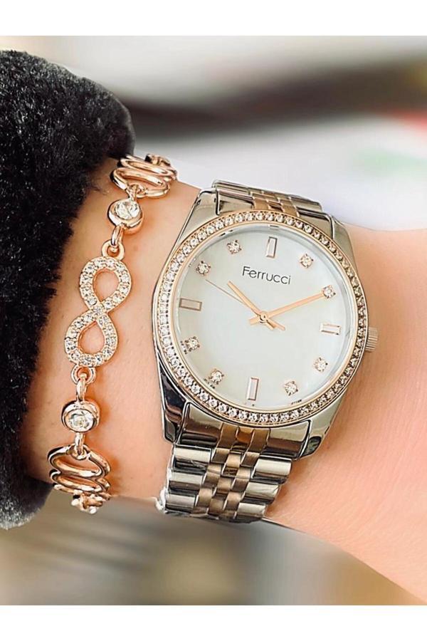 Ferrucci Yeni Sezon 1. Sınıf Çelik Zirkon Taşlı Kadın Kol Saat Bileklik Hediye - Image 1