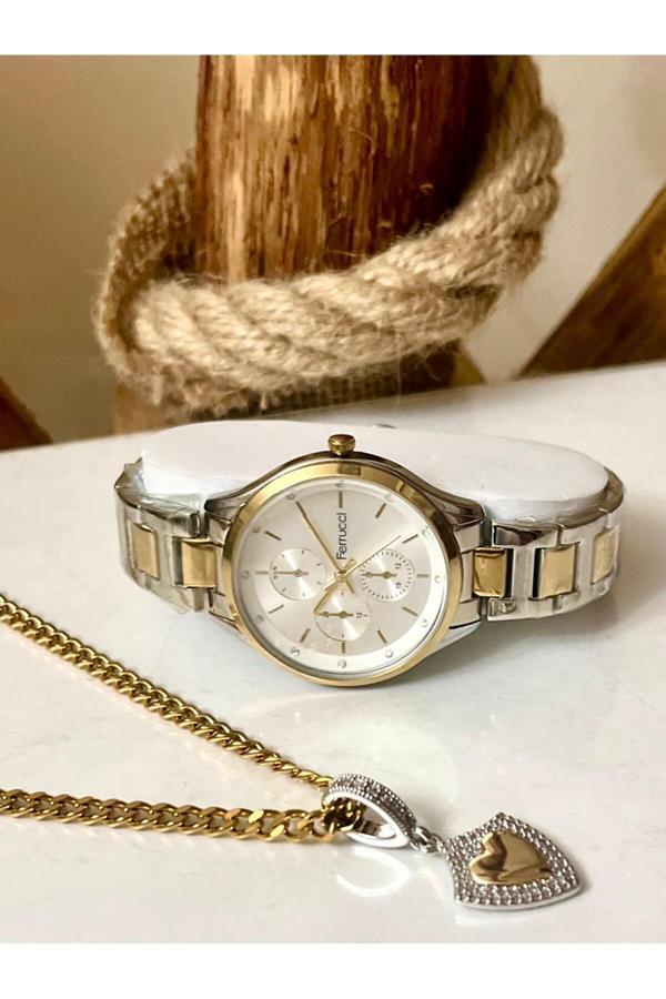 Ferrucci Silver&Gold Çelik Kordon Kadın Kol Saat+%100 Çelik Süper Kolye Hediye - Image 1