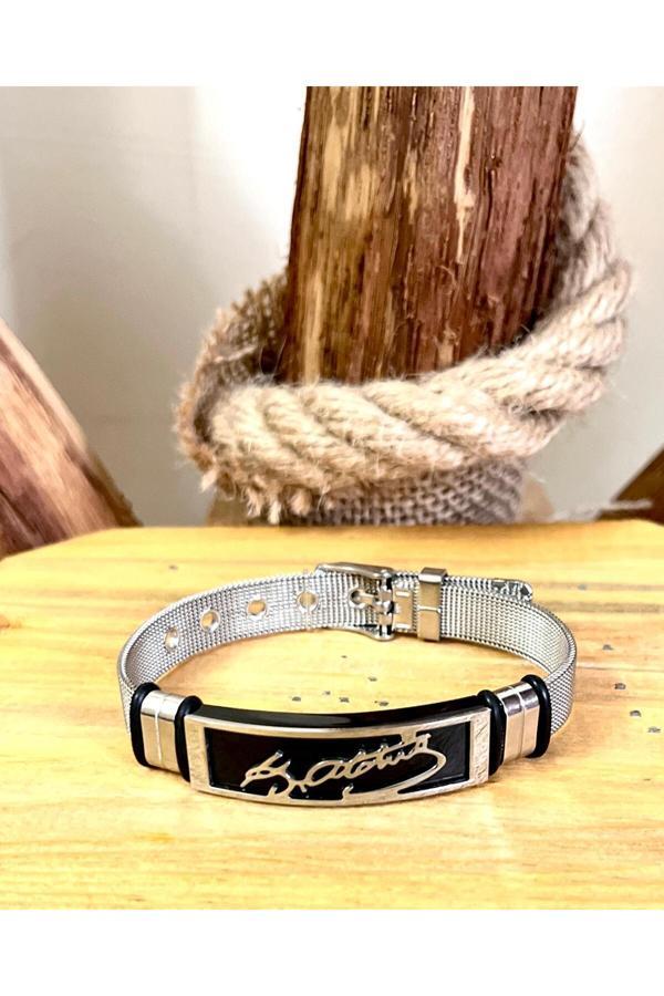 Bay Hediye Kemal Atatürk İmzalı Silver&Siyah Kemer Kordonlu Çelik Bileklik 23 Cm - Image 1