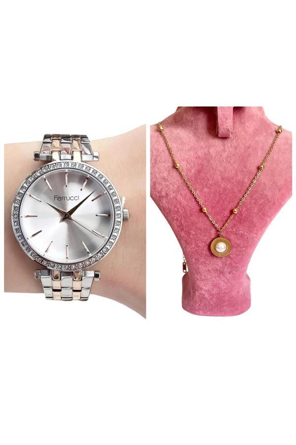 Ferrucci Şık Kasa Gümüş-Rose Renk Çelik Kadın Kol Saat+Çelik Kolye Hediyeli - Image 1