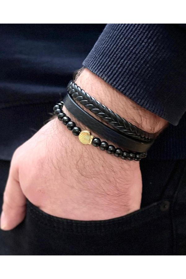 Bay Hediye Deri Ve Çelik Mixli Boncuk Aksesuarlı 3 Lü Erkek Bileklik 20 Cm - Image 1
