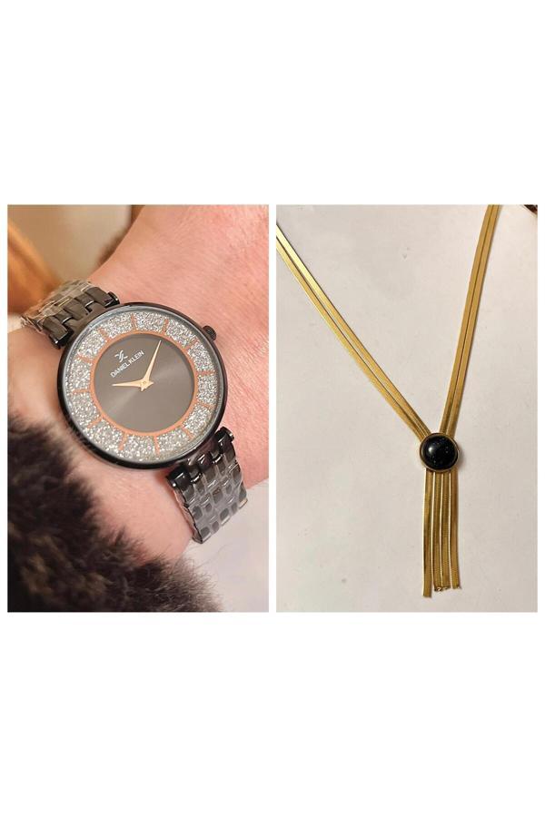 Daniel Klein Siyah Simli Kadın Kol Saati+%100 Çelik Kolye - Image 1