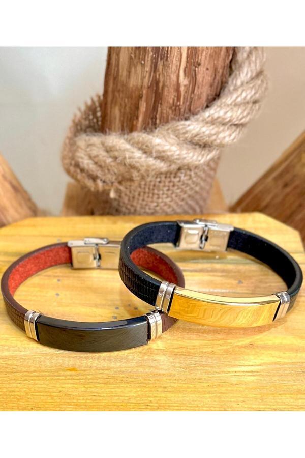 Bay Hediye Deri Çelik Mixli Trend Model Erkek Bileklik 22 Cm(2 Farklı Renk Tek Pakette) - Image 1