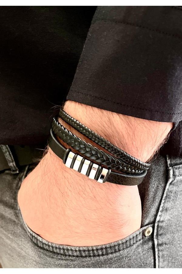 Bay Hediye %100 Deri&Çelik Mixli Trend 3Lü Model Şık Siyah Erkek Bileklik 21 Cm - Image 1