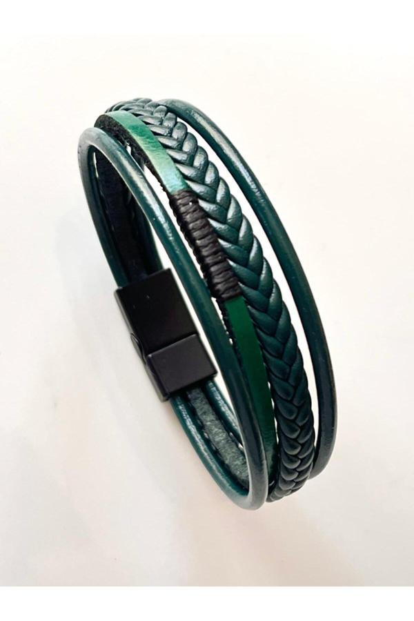 Bay Hediye %100 Deri 4Lü Kombin Yeşil Erkek Bileklik Boyut Net 20 Cm (Türk El Üretimi) - Image 1