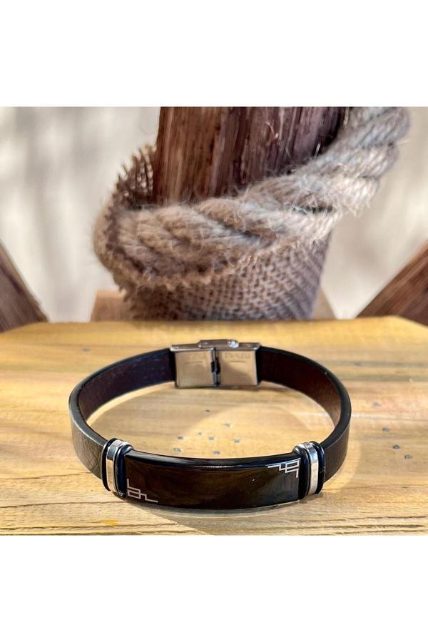 Bay Hediye Siyah Çelik-Deri Mixi-Li Kararmaz Paslanmaz Desenli Erkek Bileklik 22Cm - Image 1