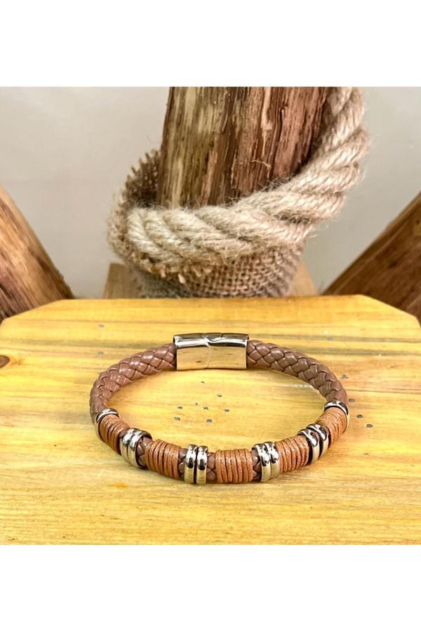 Bay Hediye Paslanmaz Kararmaz Çelik Ve Deri Mixli Yeni Model Erkek Bileklik Seti 22 Cm - Image 1