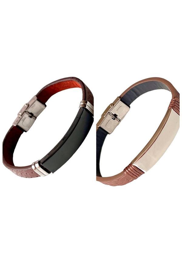 Bay Hediye Deri Çelik Mixli Trend Model Erkek Bileklik 22 Cm(2 Farklı Model Tek Pakette) - Image 1