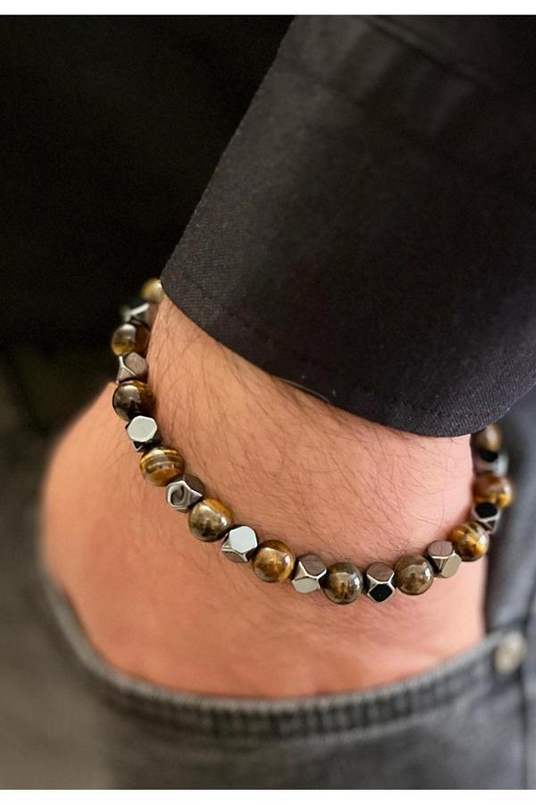 Bay Hediye Hematit&Kaplangözü Çelik Mixli Şık Erkek Bileklik 20-25Cm Uyumlu - Image 1