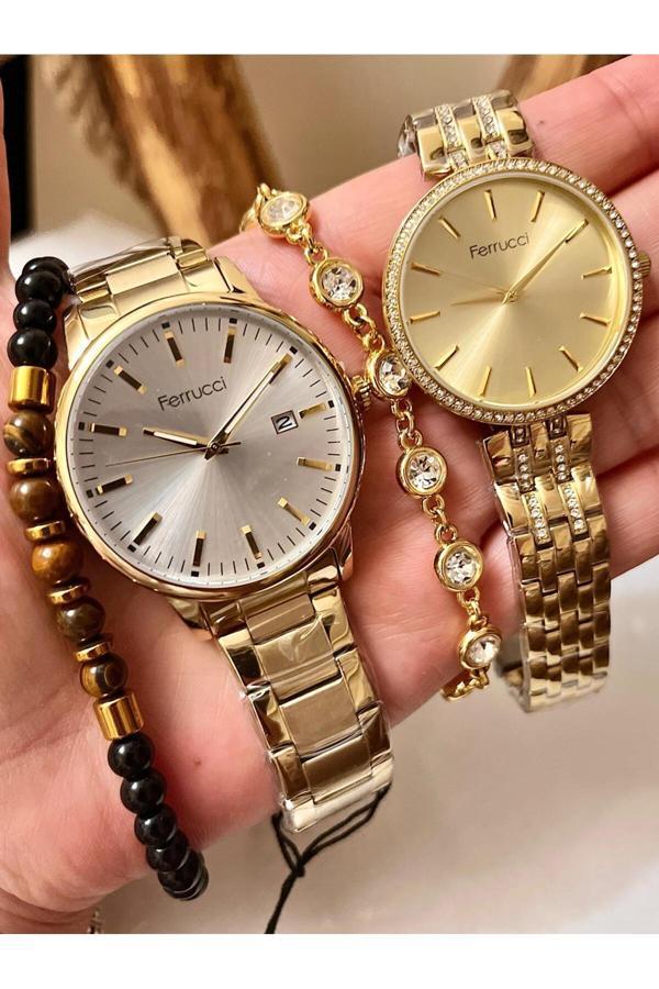 Ferrucci Altın Renk Çelik Kordon Şık Sevgili Çift Kol Saati+Bileklik - Image 1