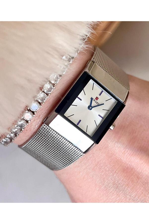 Reward Silver Kare Kadran Gümüş Hasır Çelik Kadın Kol Saati+Bileklik - Image 1