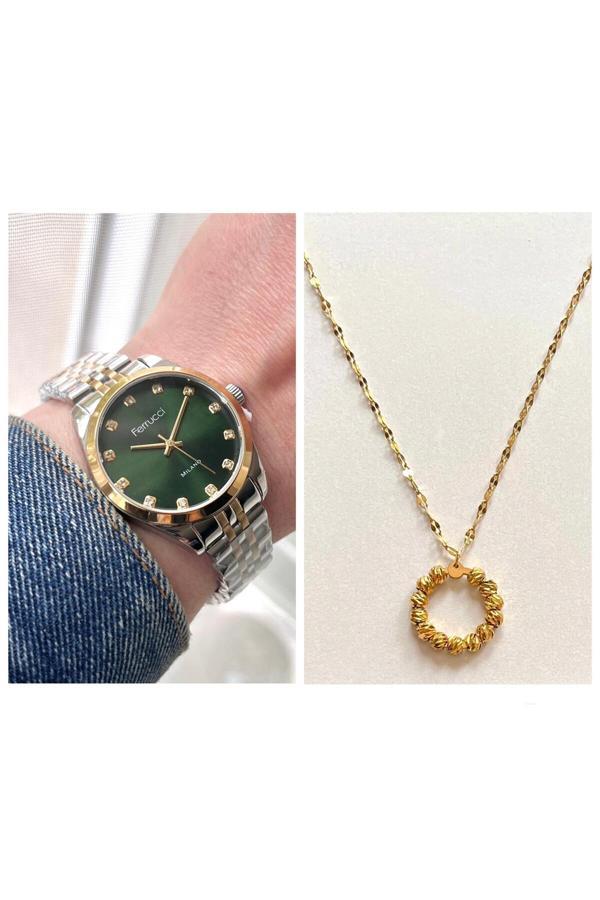 Ferrucci Zirkon Taşlı Kadın Kol Saati+%100 Çelik Dorikalı Kolye Hediye - Image 1