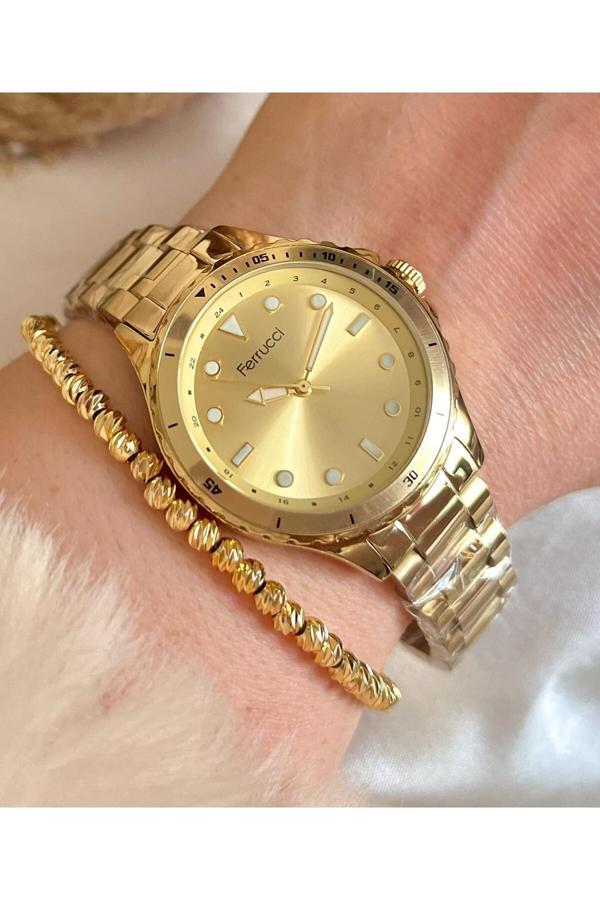 Ferrucci Altın Renk Çelik Kadın Kol Saat+Dorikalı Bileklik Hediye - Image 1