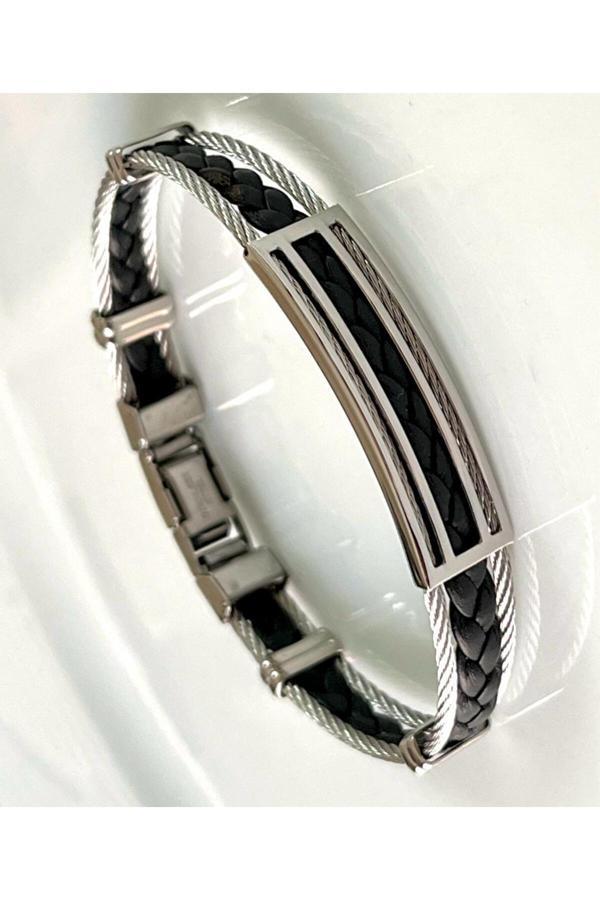 Bay Hediye 1. Sınıf Çelik Örgü Ve Halat Mixli Siyah Sade Şık Erkek Bileklik 23 Cm - Image 1