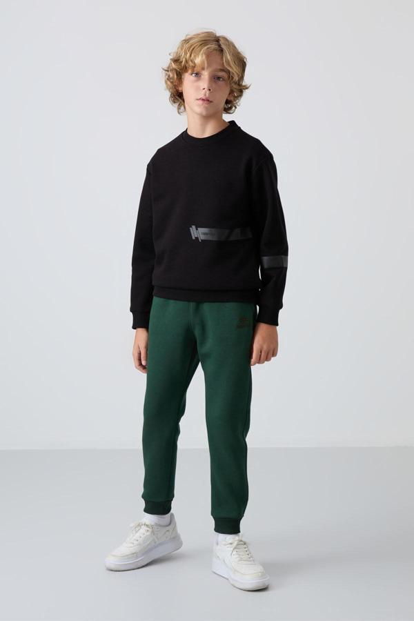 Çam Yeşil Pamuklu Kalın İçi Tüylü Standart Fit Nakışlı Erkek Çocuk Eşofman Alt - 11224 - Image 1