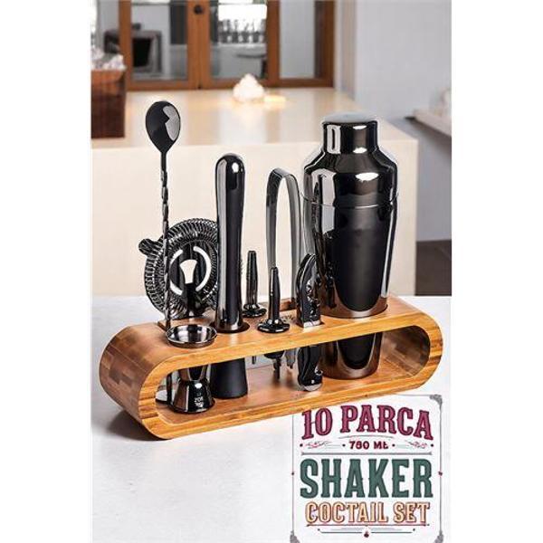 Shaker Kokteyl Set - 10 Parça 750 ML Shaker Coctail Set  Bambu Standlı - Image 1