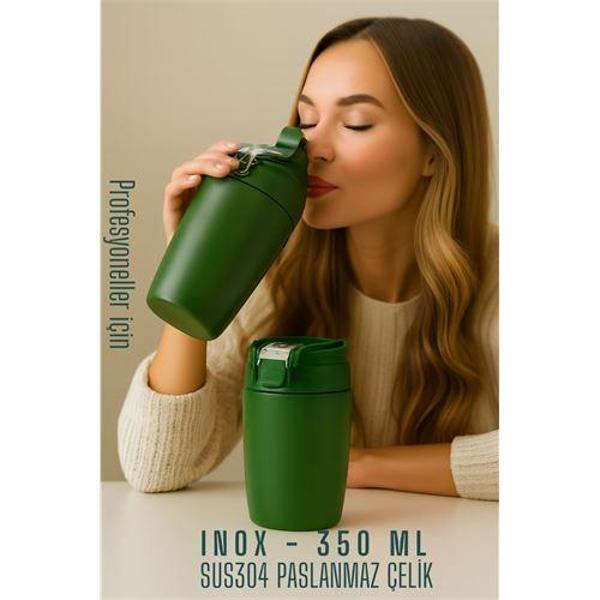 Inox Çelik Kahve Bardağı - 350 ml  SUS304 Çelik Termos Profesyonel YEŞİL - Image 1