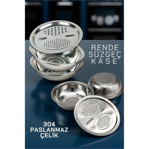 Çelik Rende Kase Süzgeç Seti - MultiFix 3 in 1 Paslanmaz Çelik - Image 1