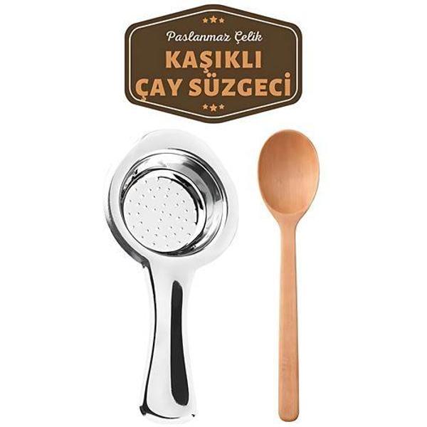 Paslanmaz Metal Çay Süzgeci Ahşap Kaşık Seti - Image 1