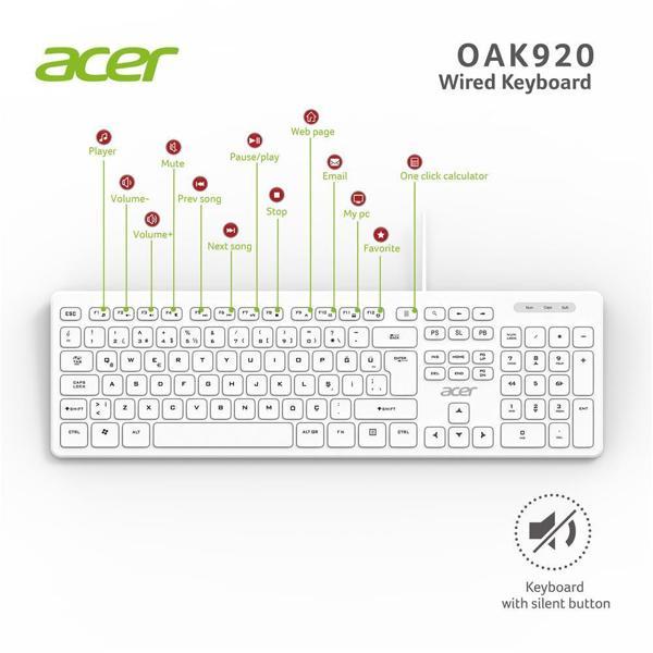 Acer OAK920 Q Usb Beyaz 1.8mt Kablolu Klavye-Tek Tuş Hesap Makinalı (Sessiz Tuş) - Image 1