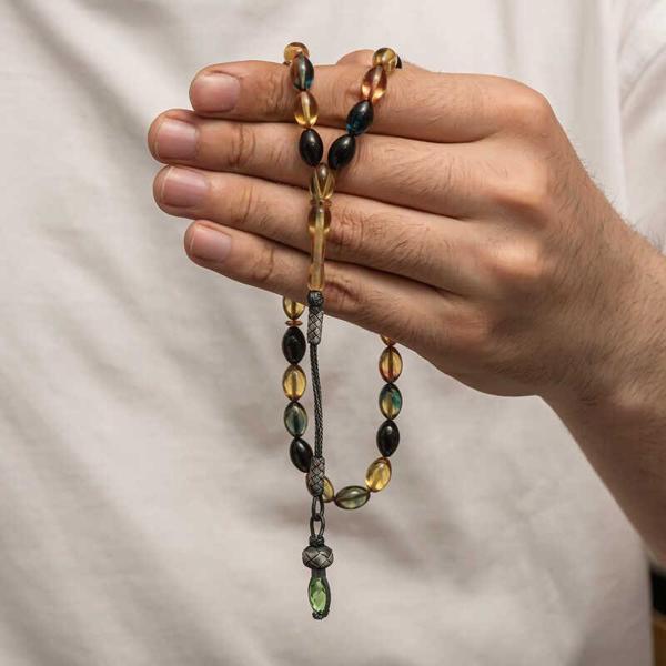 KENPAZAR Gümüş 1000 Ayar Kazaz Püsküllü Sıkma Kehribar Tesbih - Image 1