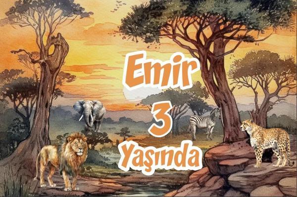 Safari Gün Batımı ve Hayvanlar Temalı Doğum Günü Afişi 50X70 cm - Image 1