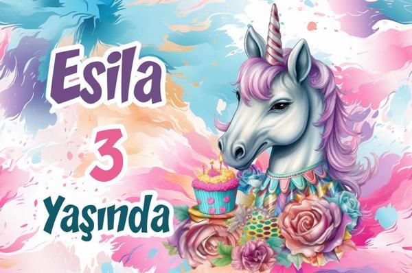 Pasta ve Unicorn Temalı Doğum Günü Afişi -3 50X70 cm - Image 1